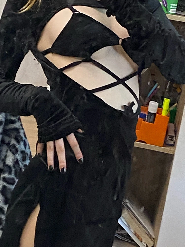 Goth Dark Y2k чёрный бархатный в стиле панк платья и Camsi 2 шт комплект Повседневный