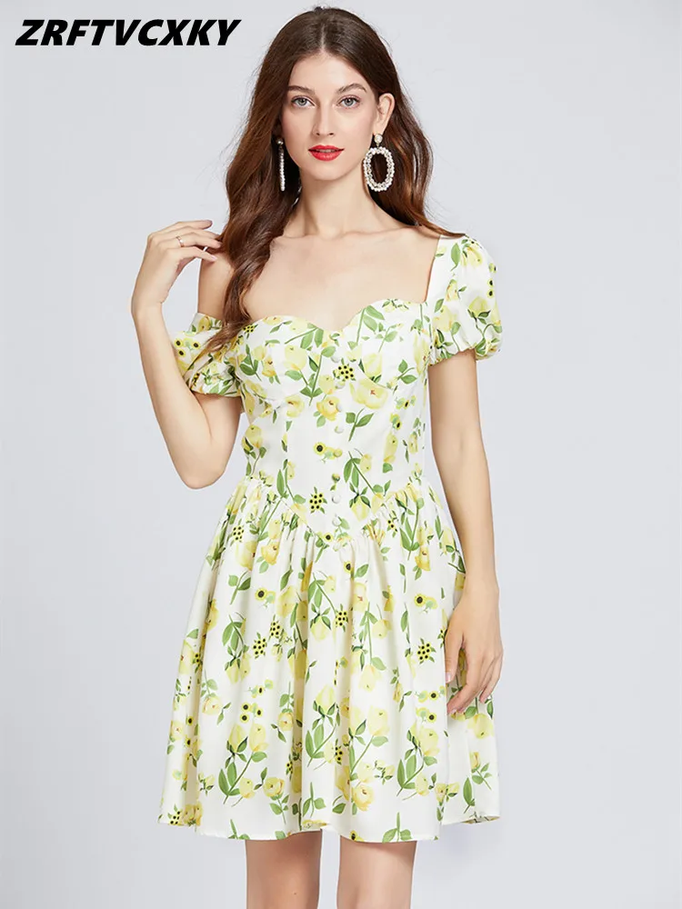

Fshion Flower Print Beach Mini Dresses For Women Runway Elegant Square Collar Short Sleeve High Waist Holiday Party A-Line Dress