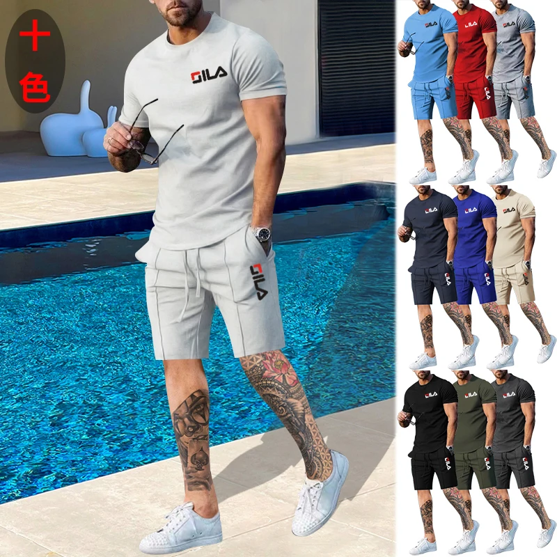 

2023 Summer Smooth Men's Suit Round Neck Casual Top + Sports Drawstring Elastic Waist Fitness Shorts Boutique Two-Piece Set