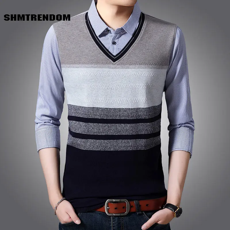 

SHMTRENDOM False Two Pieces Male Sweaters Luxury Long Sleeve V Collar Contrast Color Knitted Sweaters Slim Striped Man Sweater