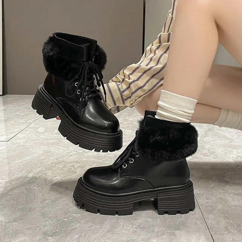 Wool Winter Keep Warm Snow Boots Full Grain Leather Round Toe High Heels Sheep Fur Lace Up Plus Size Ankle Boots Botas Mujer