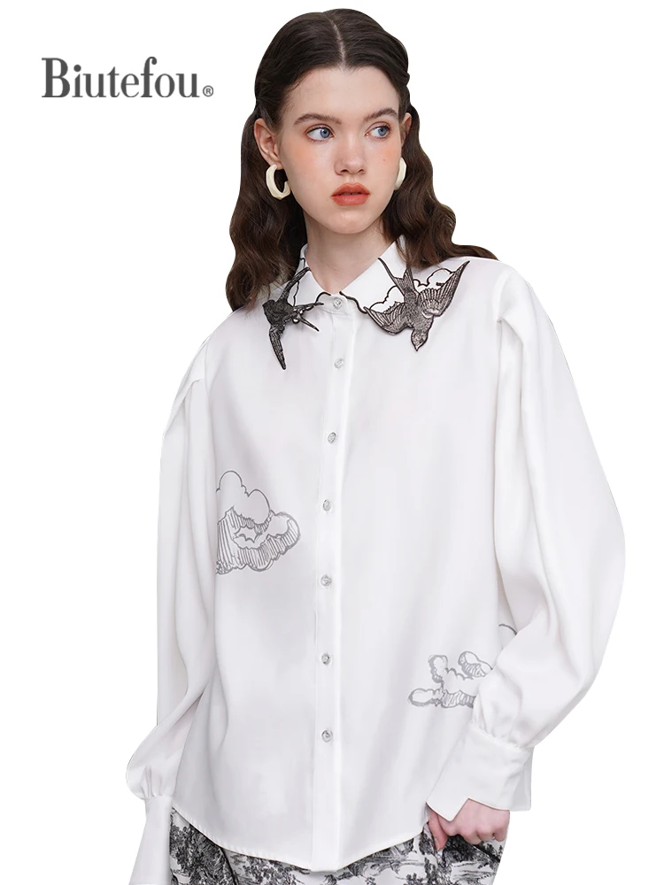 2023 Summer and Spring Women Swallow Embroidery Thin Shirt