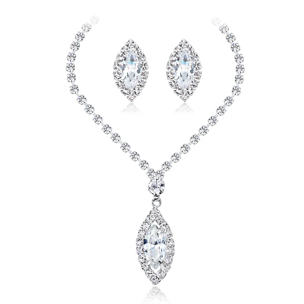 

2022 Silver Color Drop Crystal Rhinestones Pendant Necklace Earrings For Women Fashion Accessories Wedding Bridal Jewelry Sets