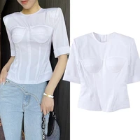 minimalist zipper solid t shirt for women o neck short sleeve slimming t shirts female summer fashion clothing 2022