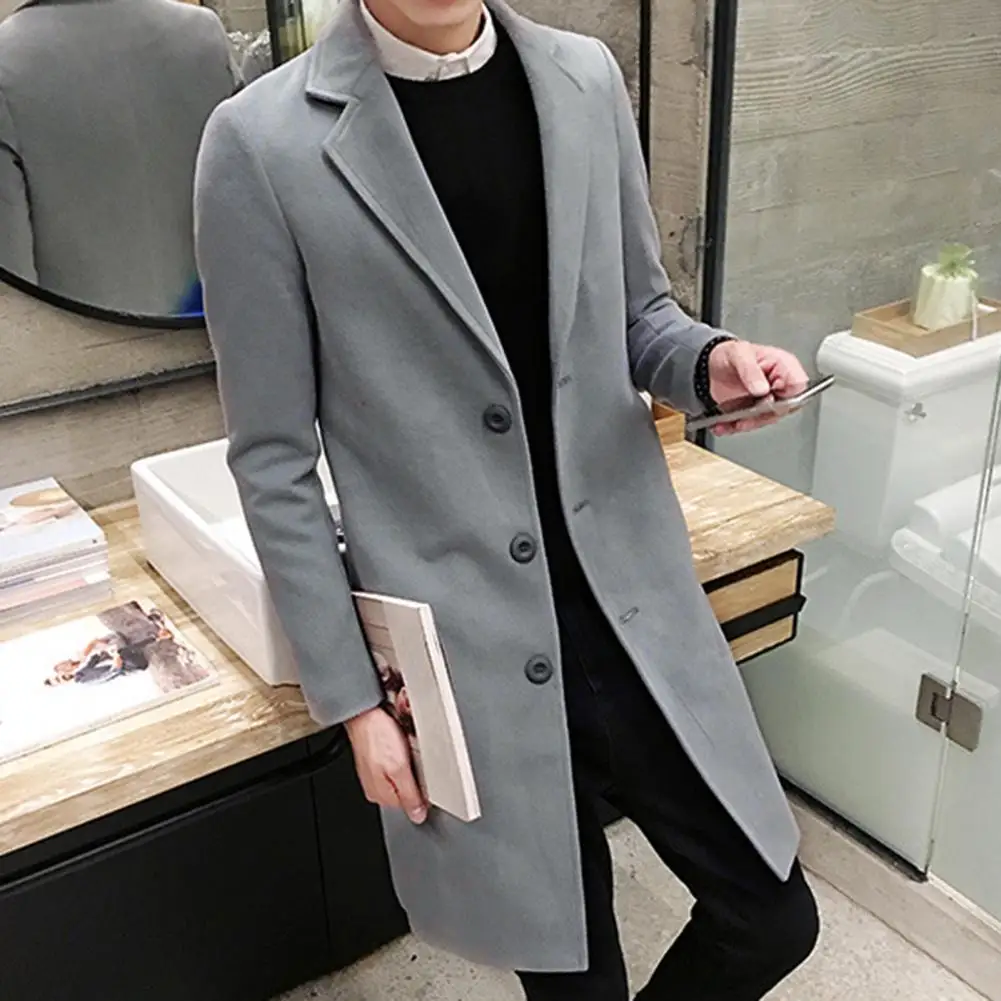 

Trendy Men Overcoat Single Breasted Coldproof Man Thick Turn-down Collar Woolen Jacket