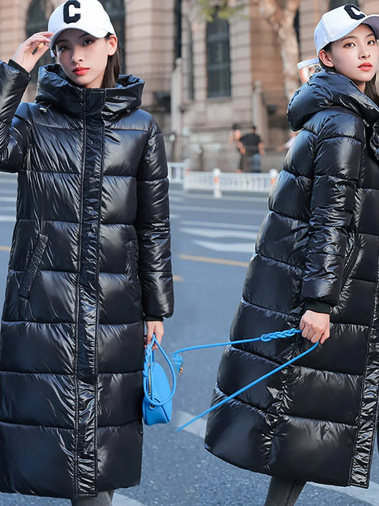Black Glossy Parka Coat Women's 2023 Fashion Thicken Winter Hooded Loose Long Jacket Female Windproof Rainproof Warm Outwear