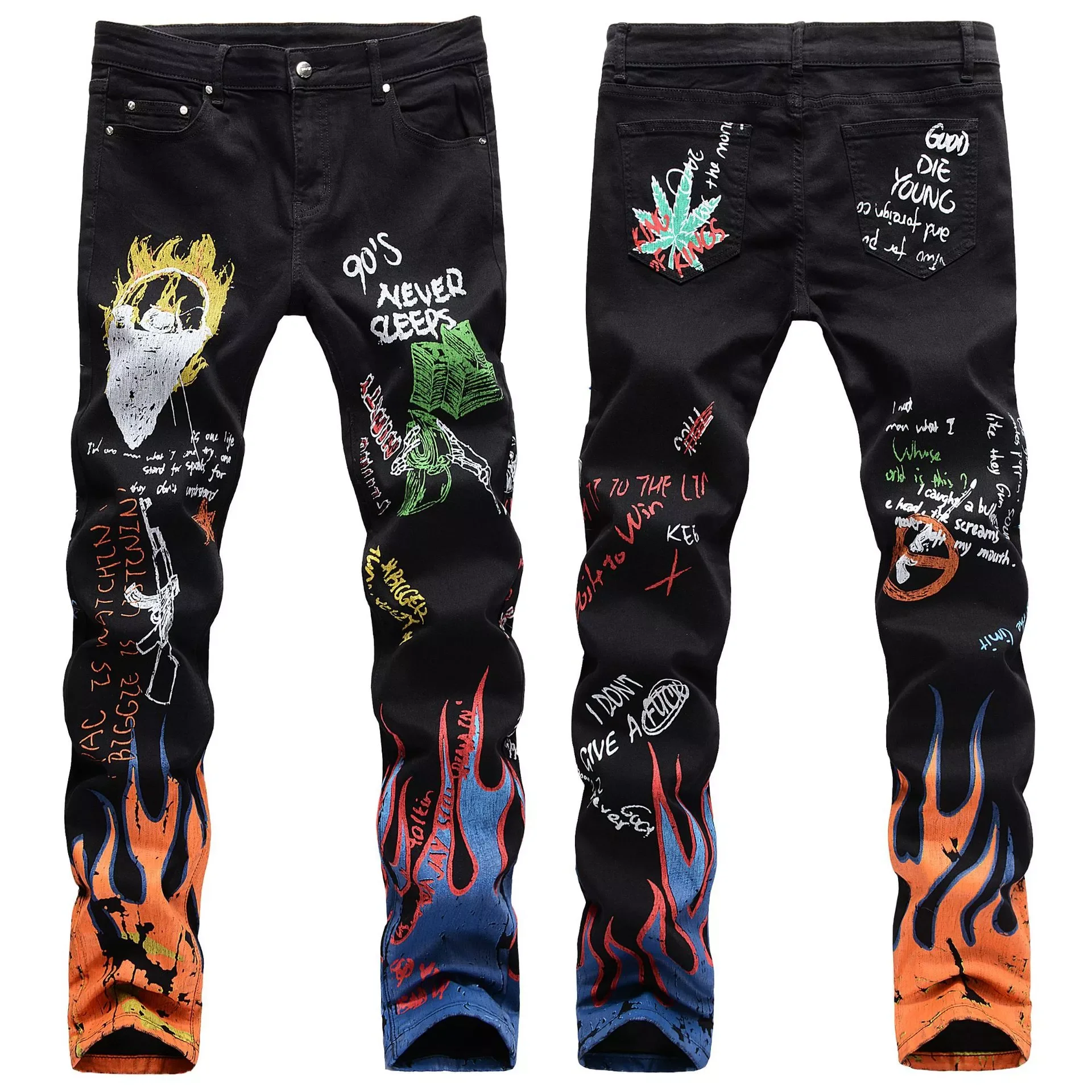 2023NEW Letters Flame Printed Patterned Jeans Slim Straight Stretch Fashionable Graffiti Punk Rock Streetwear Hip Hop Jeans Pant