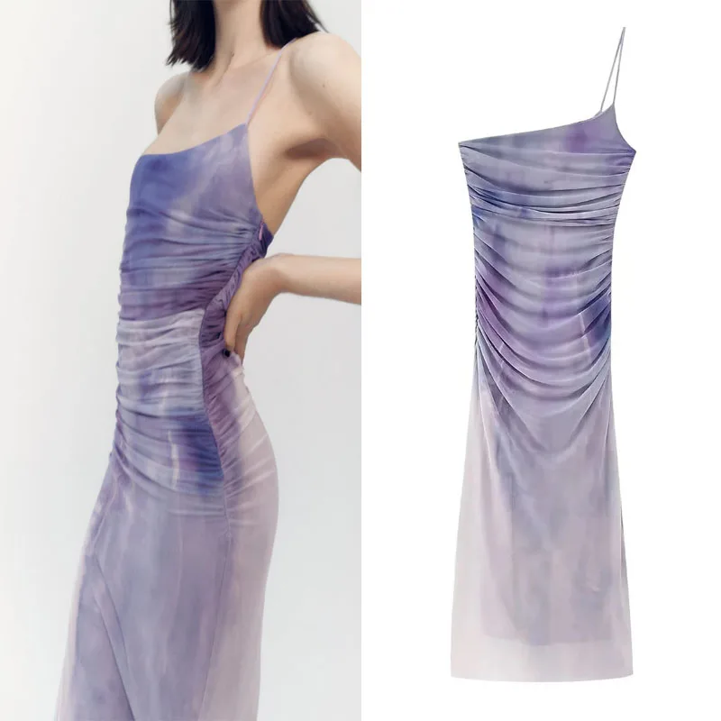 

TRAF Purple Print Tulle Midi Dress For Women Summer Chic Asymmetric Neck Backless Long Dresses Female Sexy Party Vestidos