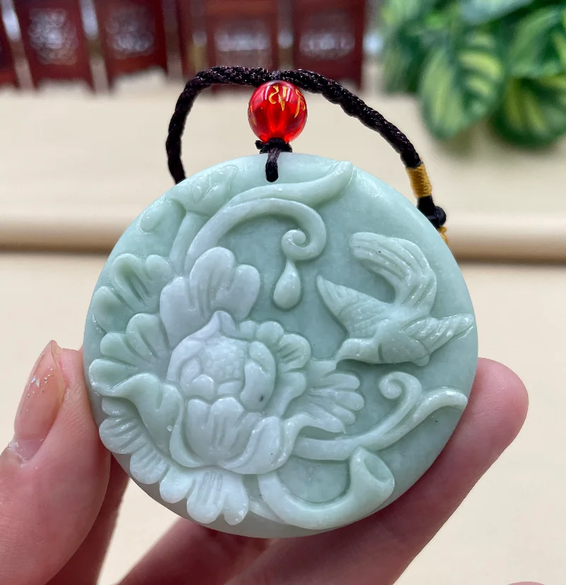 

Lantian Jade Flowers Bloom and Wealth Pendant Necklace Accessories Jewelry Amulets Green Gifts Women Natural Carved Real Charms