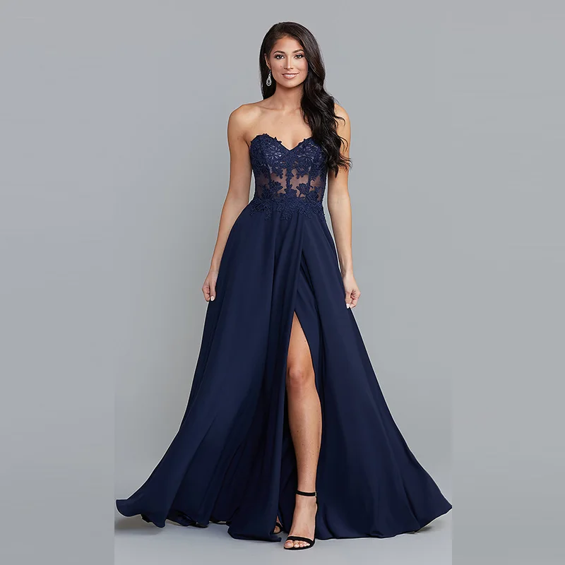 

Unique Pale Pink Long Chiffon Prom Dress for Wedding Party Strapless Sweetheart Applique Lace A-Line Split Slit Custom-made Size