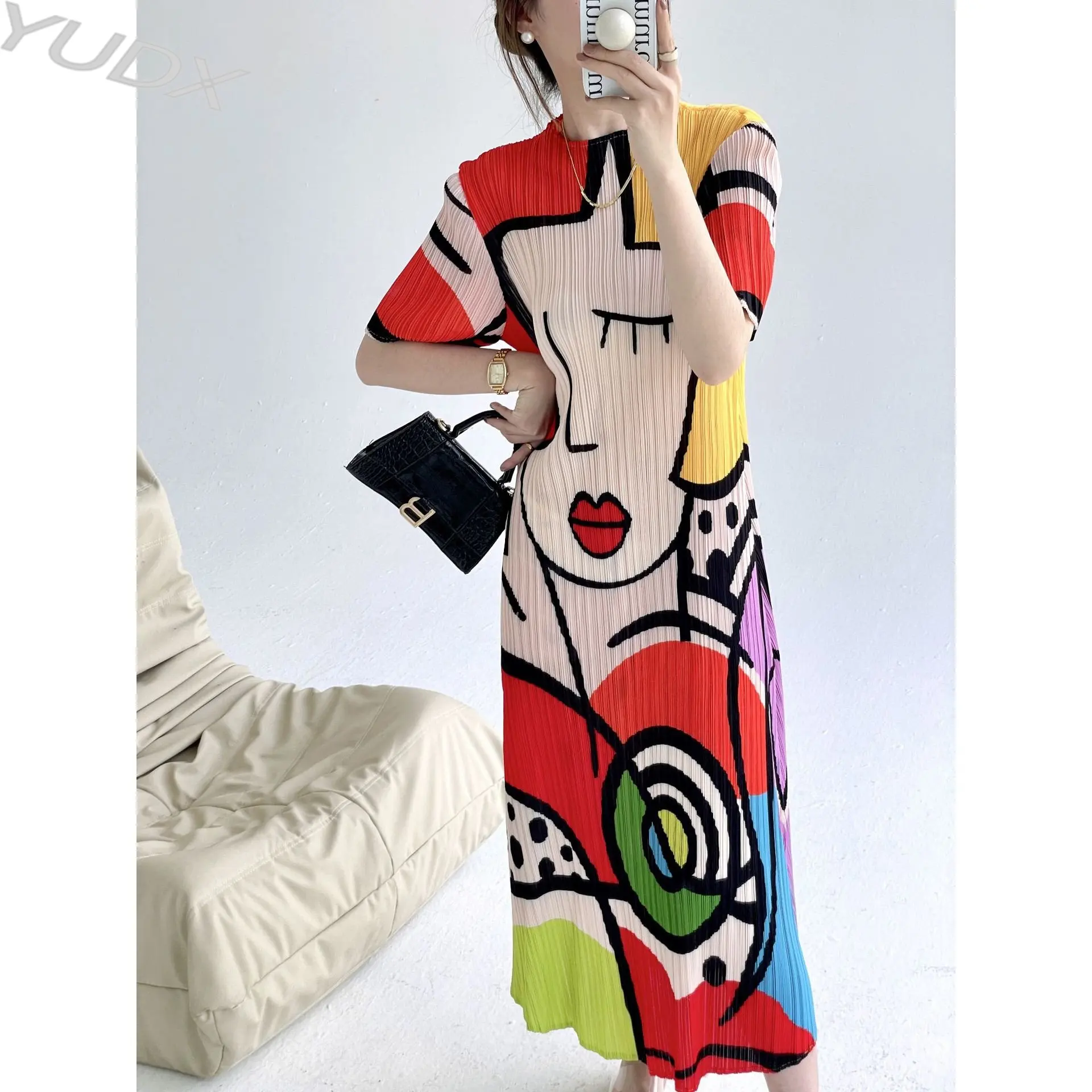 

Женское плиссированное платье YUDX Miyake, длинное платье с коротким рукавом и мультяшным принтом, удобное тонкое платье, лето 2023