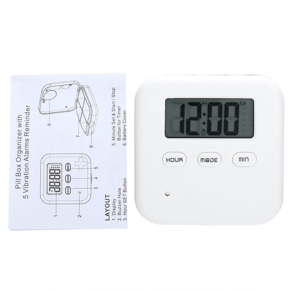 

4 Grid Daily Medicine Tablet Pills Storage Box Organizer Case Container with Timer (White Grey)