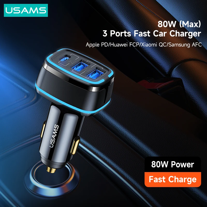 

USAMS 80W USB A C 3 Ports QC PD Fast Charging Car Charger For iPhone 13 12 11 Xiaomi Huawei Samsung Laptops Tablets Car Charger