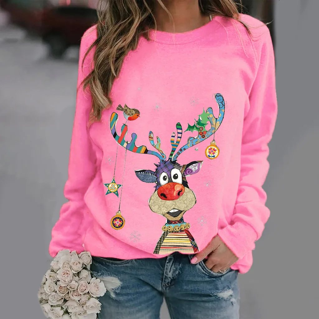 Autumn Winter Christmas Sweater Vintage Elegant Tops Ladies Round Neck Animal Printed Long Sleeve Street Fashion Snowman T-shirt images - 6