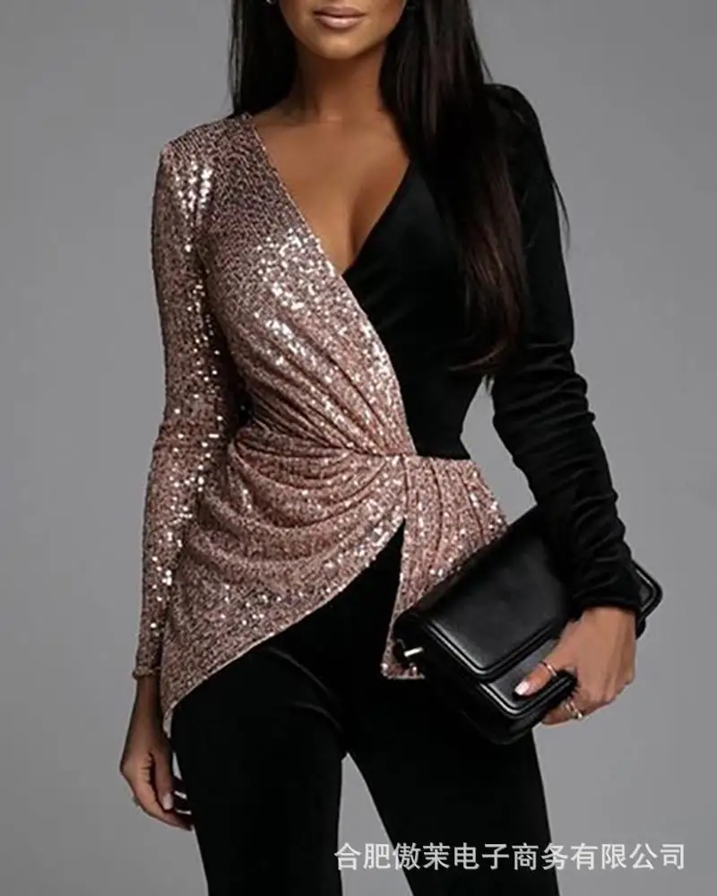 Women's Sequin Jumpsuits 2022 Spring New Deep V Neck Elegant Temperament Office Lady Long Sleeve Black Conjoined Trousers