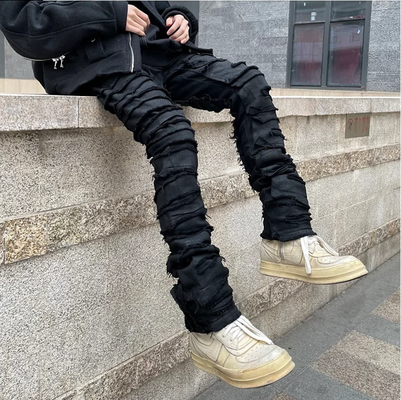 

Pencil Oversize Industry Denim Trousers Mens Frayed Pants Street Waxed Ripped Hole Straight Retro Destruction High Jeans Heavy