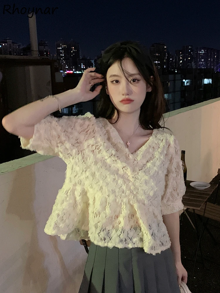 

French Style Pure Lace Blouses Women Summer Sweet Elegant Cropped Fashion All-match Tender Girlish Vacation Popular Chic Cozy