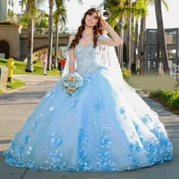 light blue 3d flowers quinceanera dress ball gown with cape off the shoulder beading appliques plus size pageant party sweet 15