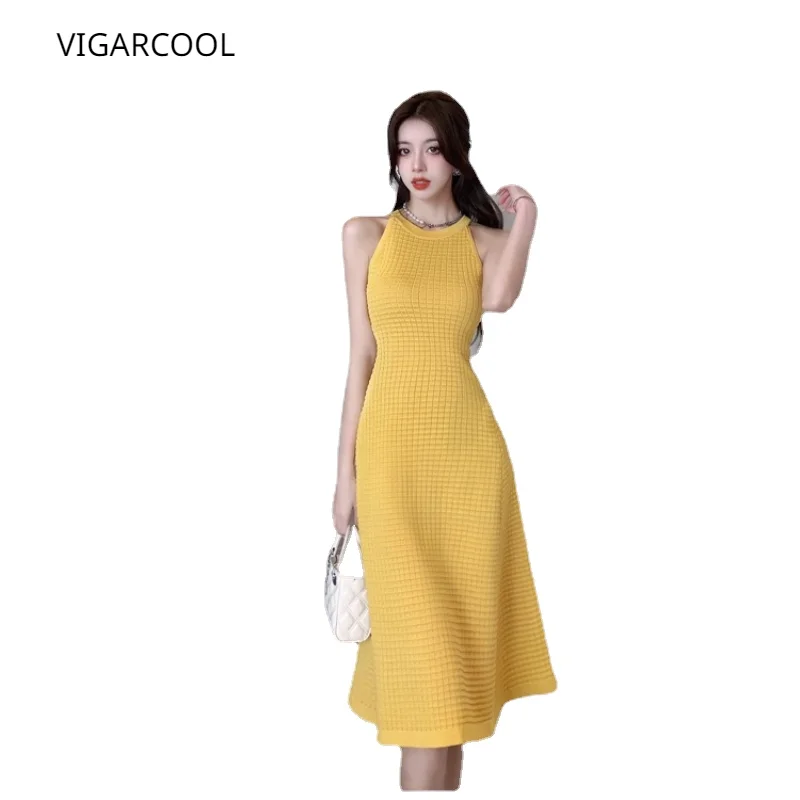 

Premium Yellow Hanging Neck Sleeveless Knitted Dress Summer New Style Celebrity Style Waist Closing Slim A-line Skirt for Women