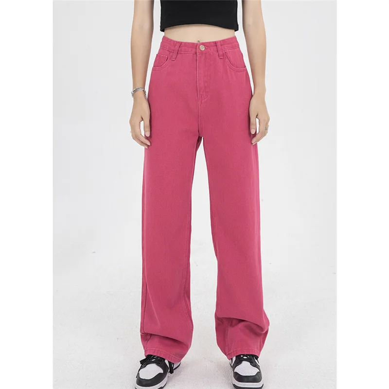 

Autumn Women Bottoms Vintage Rose Red High Waist Jeans Casual Straight Wide Leg Pants High Street Baggy Mopping Denim Trouser
