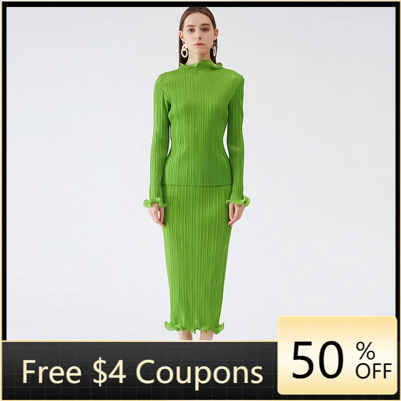 

Miyake pleated casual suit spring new petal sleeves light cooked wind top women's fresh green A-line skirt suit women