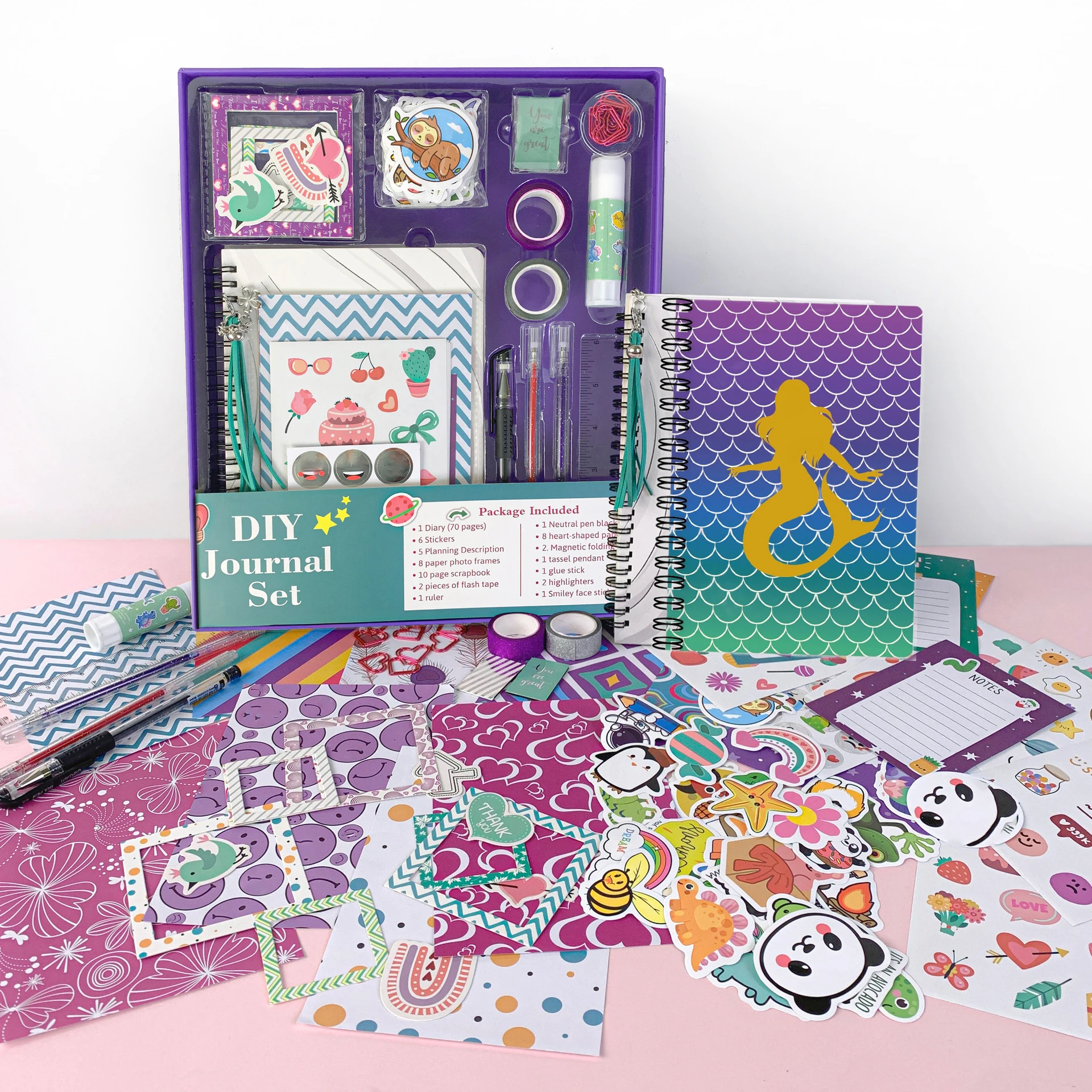 

Diy Jounary Set Purple Handbook Diary Gift Box Scrapbooking Thin Set of Stickers Foil Silver Notebook Children'S Stationery Sets