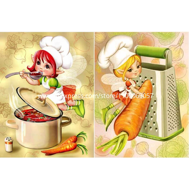 

ROAMILY,Diamond Painting Cartoon,Chef Girl,DIY Full Round Diamond Embroidery,Kitchen,Sale,Hot Sale Wall