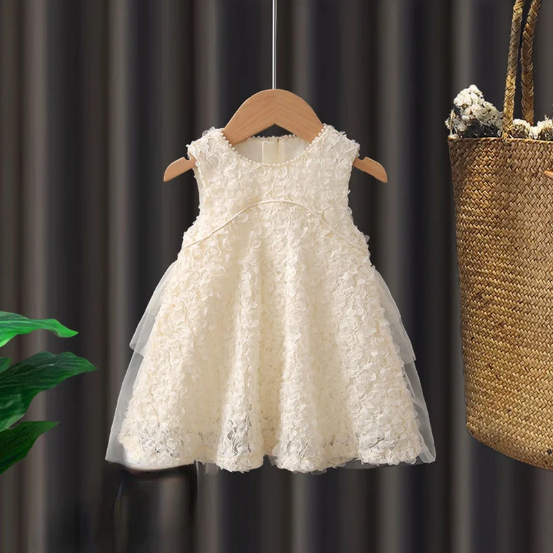 

Summer Princess Dress Kids Dresses for Girls Sleeveless Lace Flower Pearls Mesh Vest Dress Korean Baby Clothes