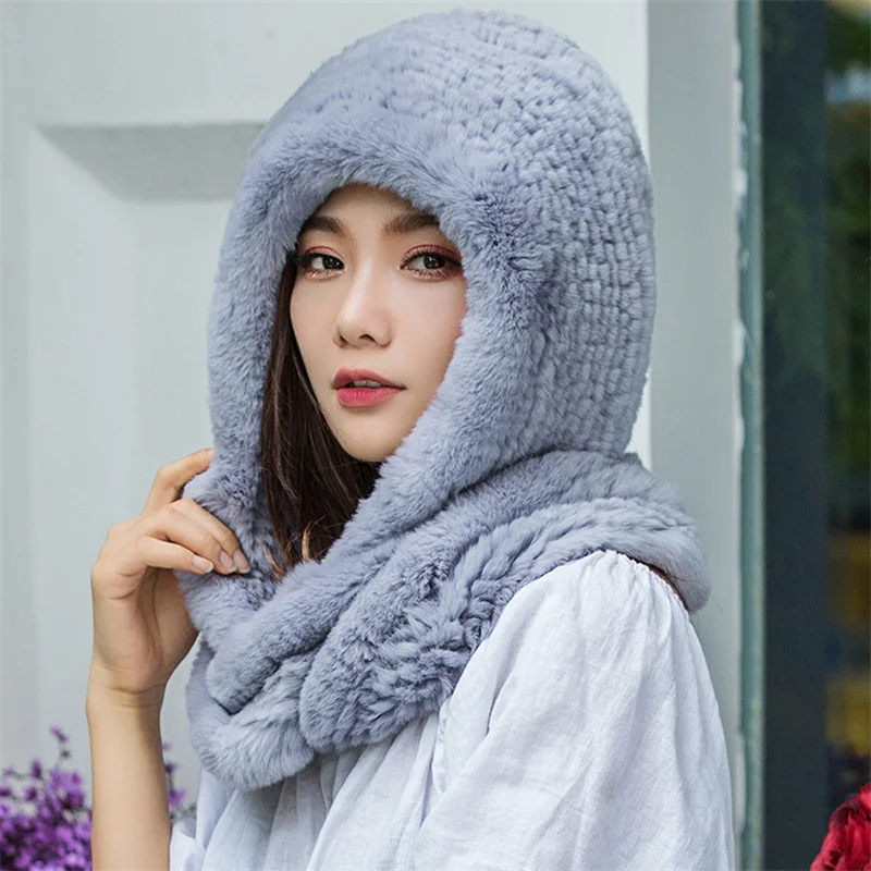 Hot Sale New Women Real Knitted Rex Rabbit Fur Hat Hooded Scarf Long Winter Warm Fur Hat With Neck Collar Scarves Hat Scarf