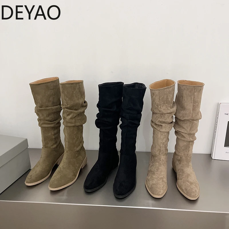 

Осенне-зимние дизайнерские женские сапоги с острым носком на низком каблуке, длинные сапоги без шнуровки, повседневные ковбойские сапоги д...