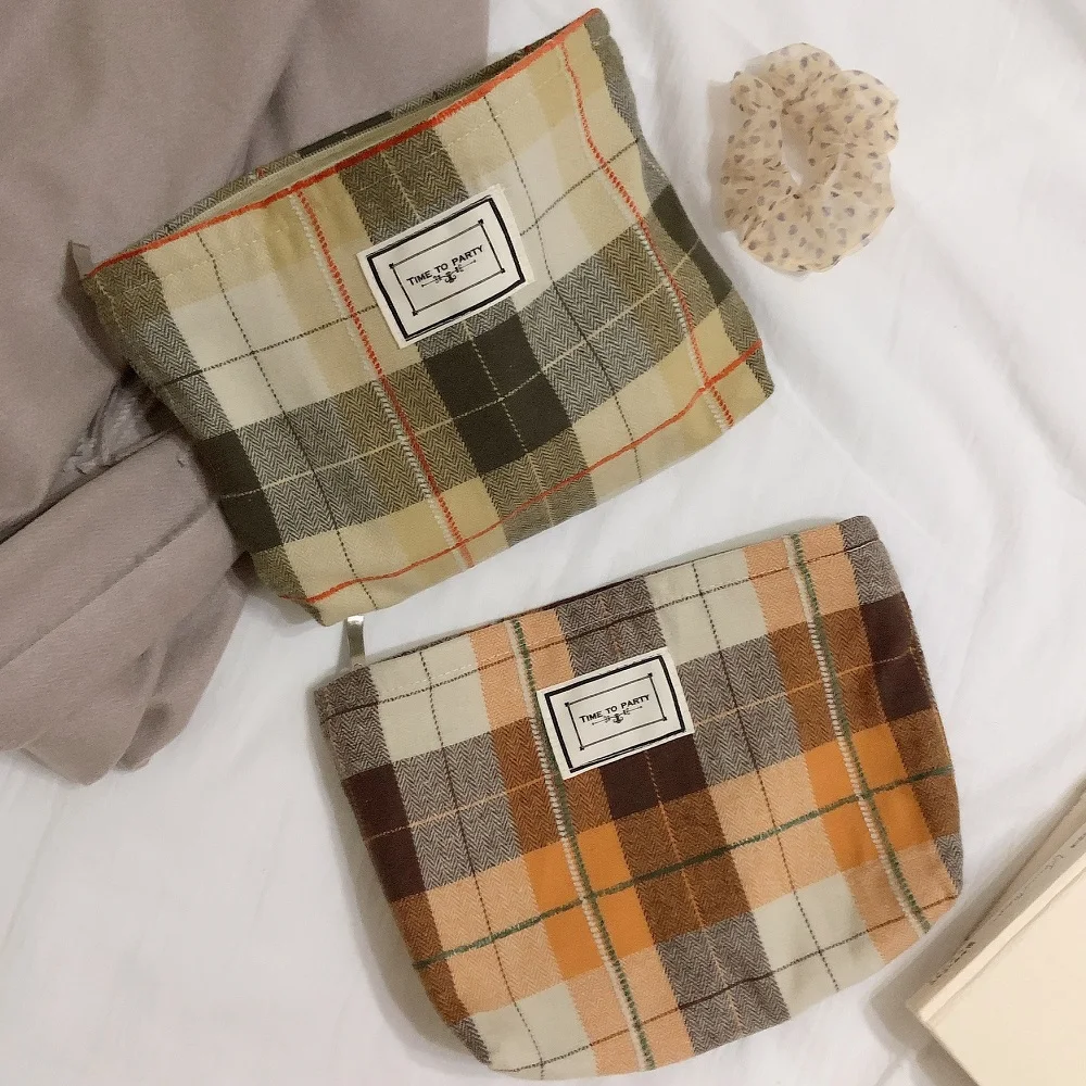 

Korean Cotton Plaid Cosmetic Makeup Bag For Women Travel Zipper Cosmetics Organizer Men Toiletry Bag Pencil Beauty Storage Case