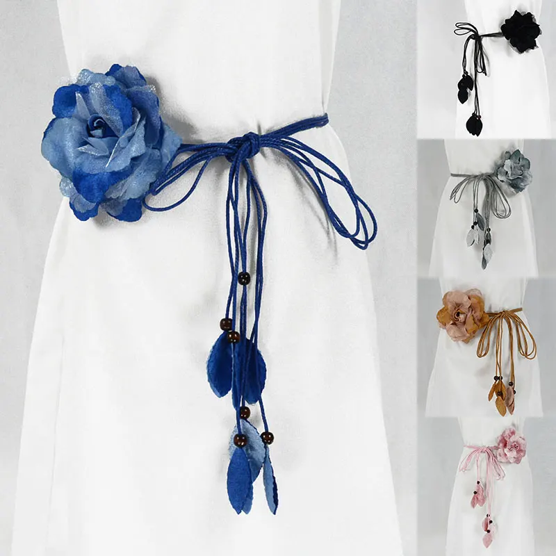 

Повседневная плетеная поясная цепочка для платьев, женский длинный плетеный пояс с кисточками, элегантный большой декоративный цветок ручной работы