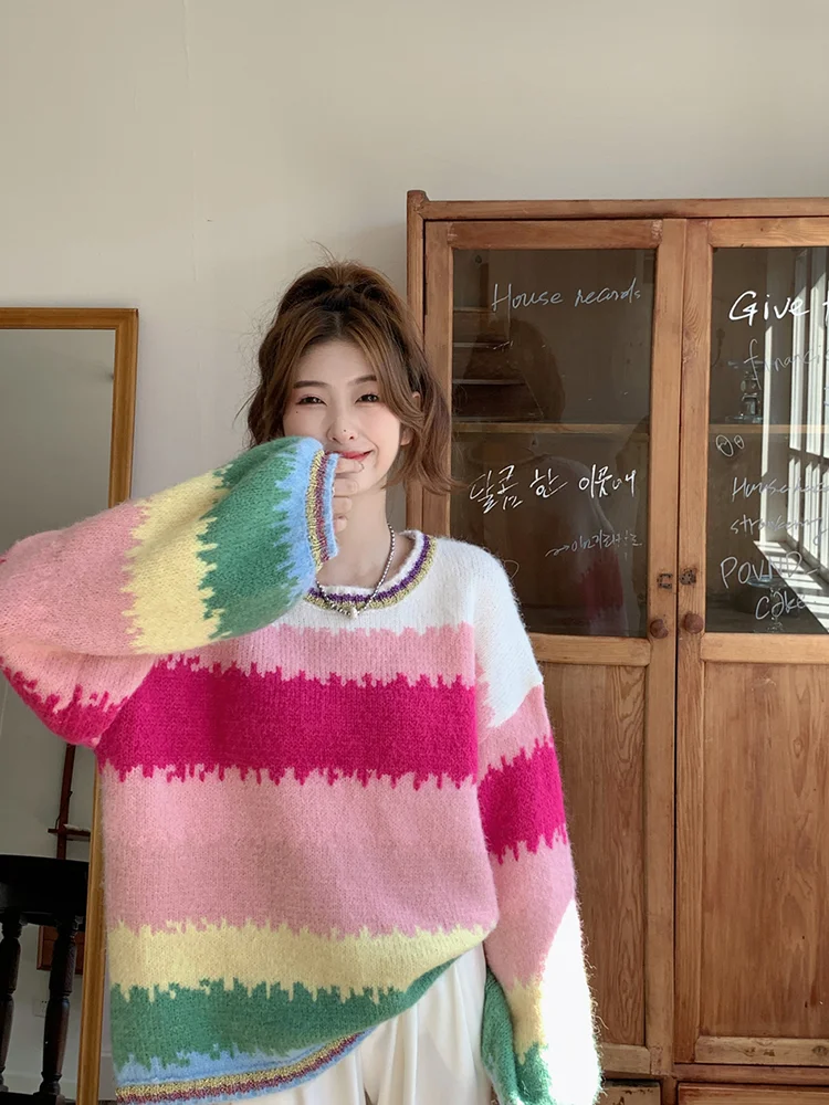 Женский свитер в радужную полоску Y2k Осенний Модный пуловер Корейском стиле с