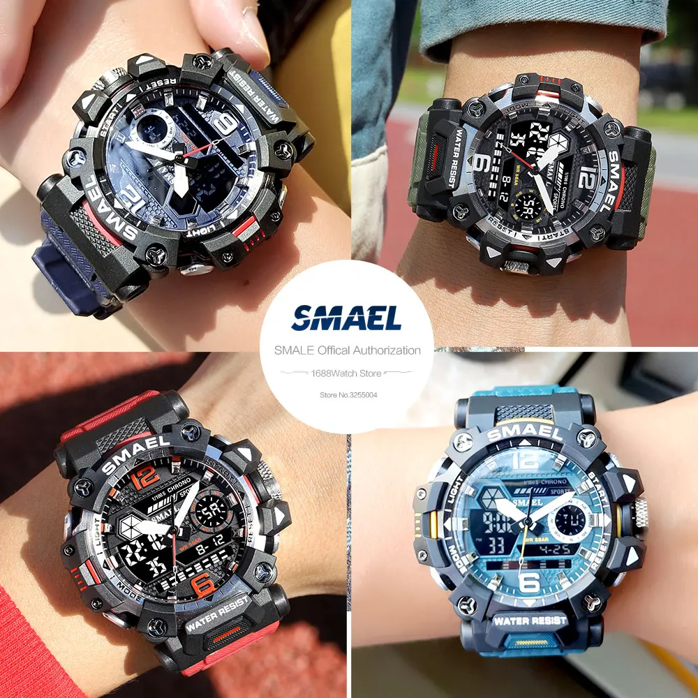 Мужские электронные спортивные цифровые часы SMAEL зеленые водонепроницаемые