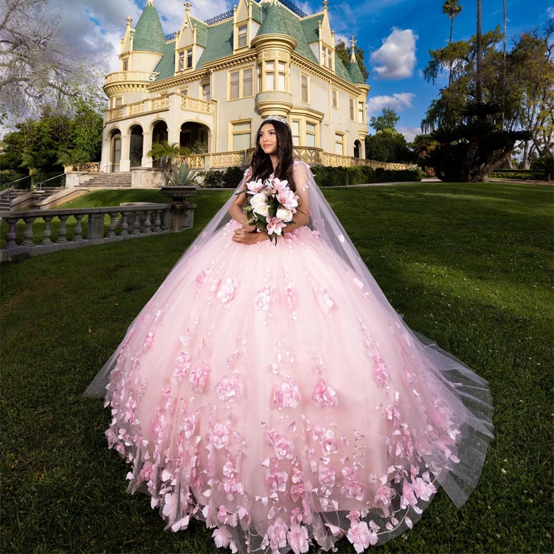 

2023 розовые платья принцессы Quinceanera 3D Цветы бусины аппликация с накидкой шнуровка корсет милое 15 платье вечерняя одежда Xv