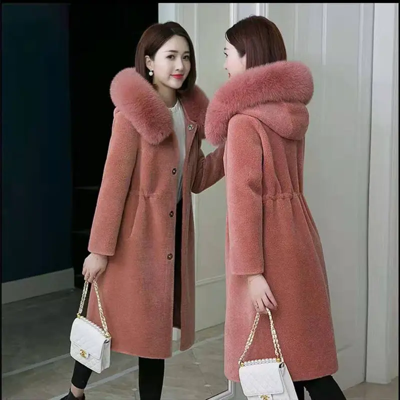 Woman Sheep Shearing Jacket Female Solid Autumn Thick Warm Fur Coat Fur Collar Hooded Top Outerwear Ladies Natural Jacket G143