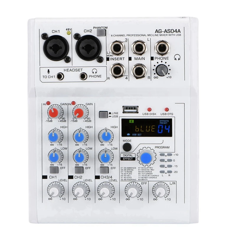 

Sound Card Audio Mixer Sound Board Console Desk System Interface 4 Channel 88DSP USB Bluetooth +48V Power Stereo