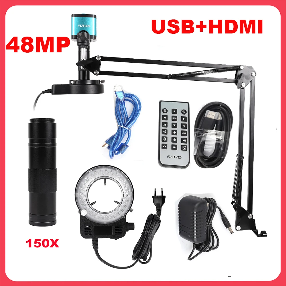 Промышленный видеомикроскоп, 48 МП, 4K, 1080P, HDMI, USB, 150-кратное увеличение, объектив с креплением для сбора цифрового изображения, 13мп, VGA + HDMI, сделай сам