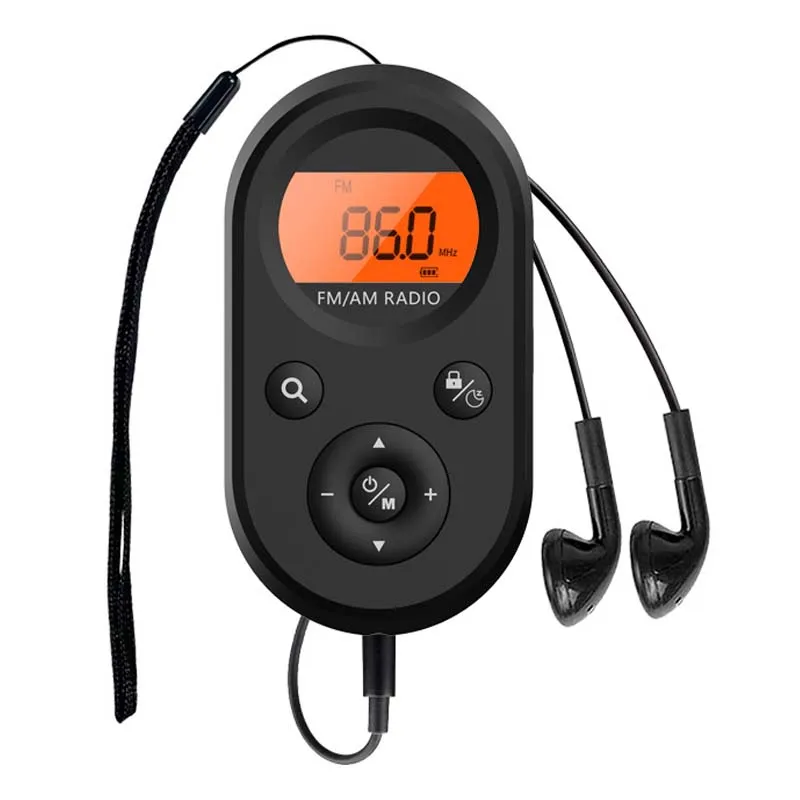 

Mini FM AM Radio Portable Pocket Radio w/Headset Radio Rechargeable Receiver LCD Display Backlight Lanyard 76-108MHZ Receiver