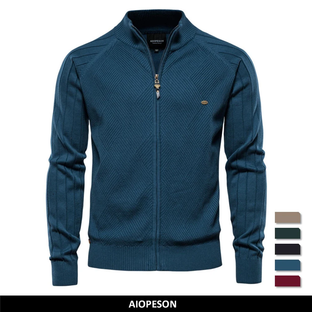 AIOPESON Argyle Solid Color Cardigan Men Casual Quality Zipper Cotton Winter Mens Sweaters Fashion Basic Cardigans for Men 1