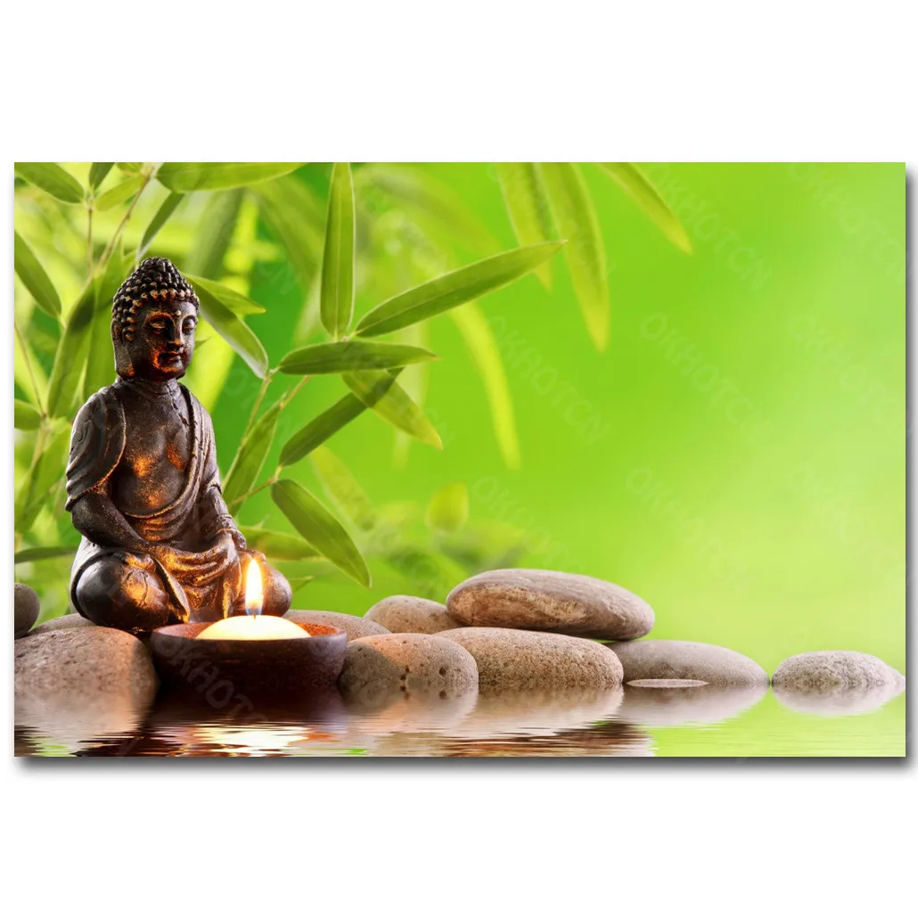 

ZEN Stone And Bamboo Water Drops Green Leaf Still Life Canvas Painting Meditation Art Fabric Poster Buddha Home Decoration