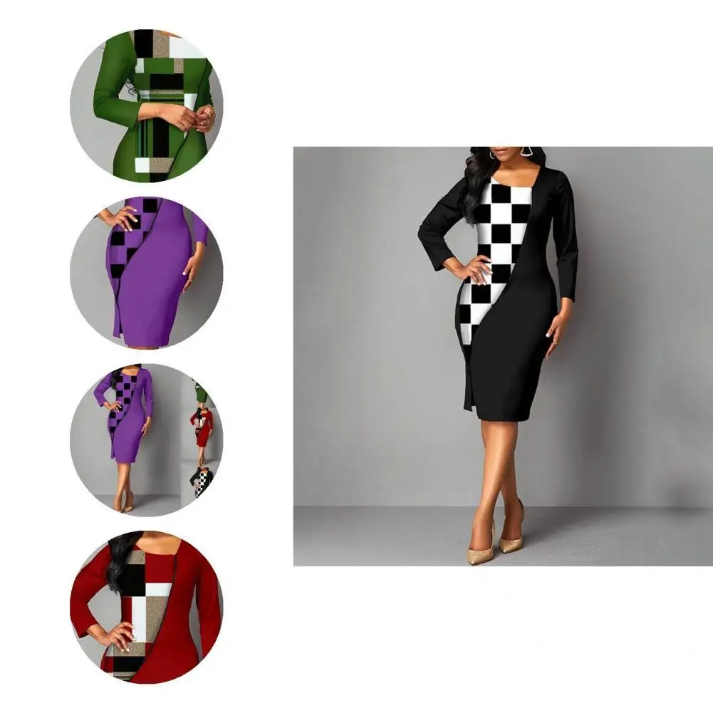 

Chic Lady Dress Waist Tight Comfy Office Dress Patchwork Color Slash Neck Bodycon Dress