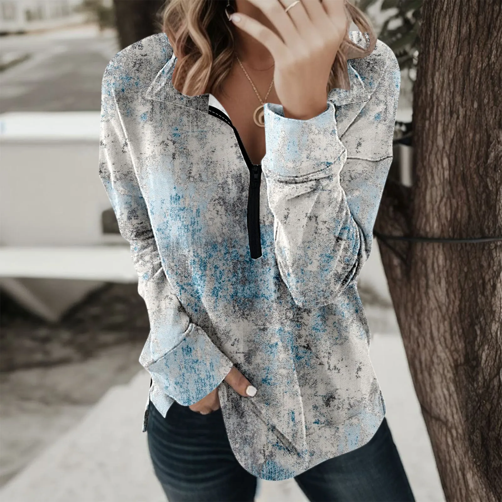 

Graphic Sweatshirt For Women Trendy Ziper Pullover V-Neck Loose Fit Sweatshirt Long Sleeve Clothes Retro Tunic For Ladies Autumn