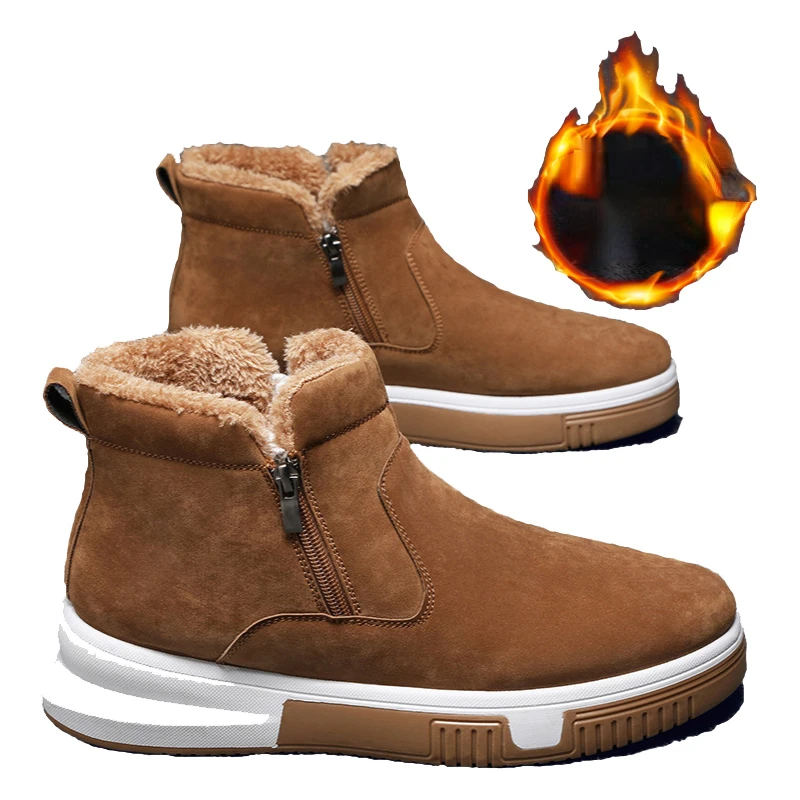 

Мужские ботинки высокого качества, боковая молния из замши, теплые модные повседневные ботинки на низком каблуке, Нескользящие уличные защ...