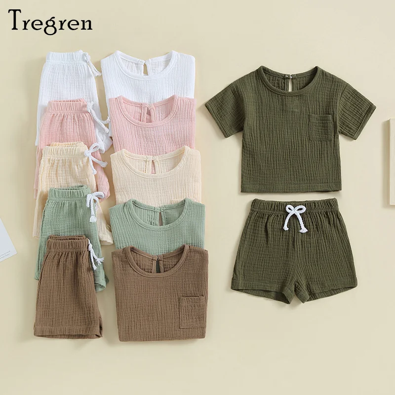 

Tregren 0-3Y Toddler Baby Boys Girls Summer Outfits Cotton Solid Short Sleeve Pocket T-Shirt Tie Front Shorts 2pcs Clothes Sets