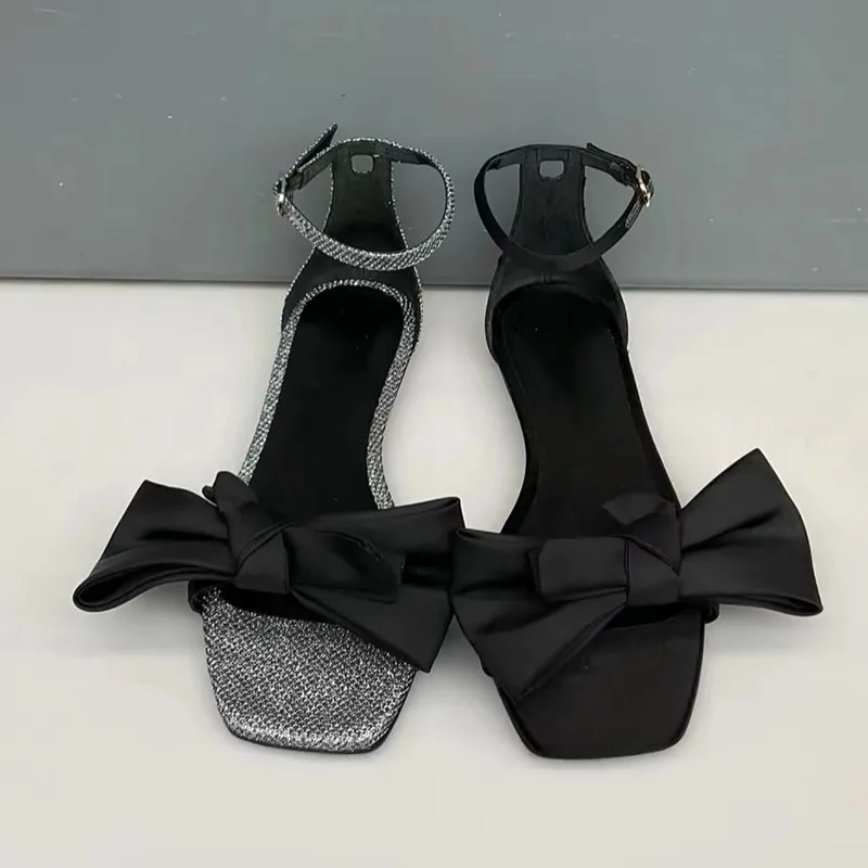 

Fashion Bowknot Flats Ladies Elegant French Square Head Open Toe Sandals Women's New Spring Summer Low Heel Roman Single Shoes
