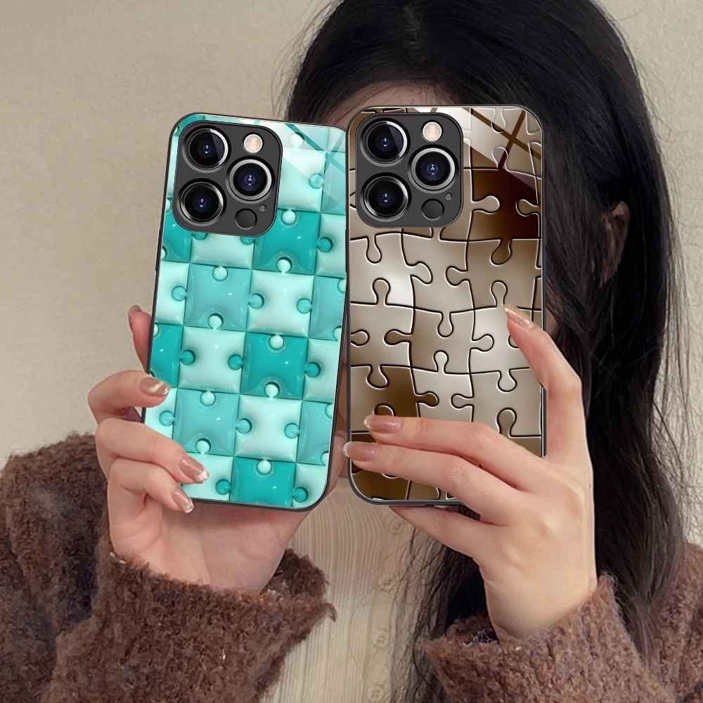 Puzzle Fashion Pretty Mobile Cell Phone Case for iPhone 16 15 14 13 12 11 X XR XS 8 Pro Max Plus Mini PC Glass Cover Shell