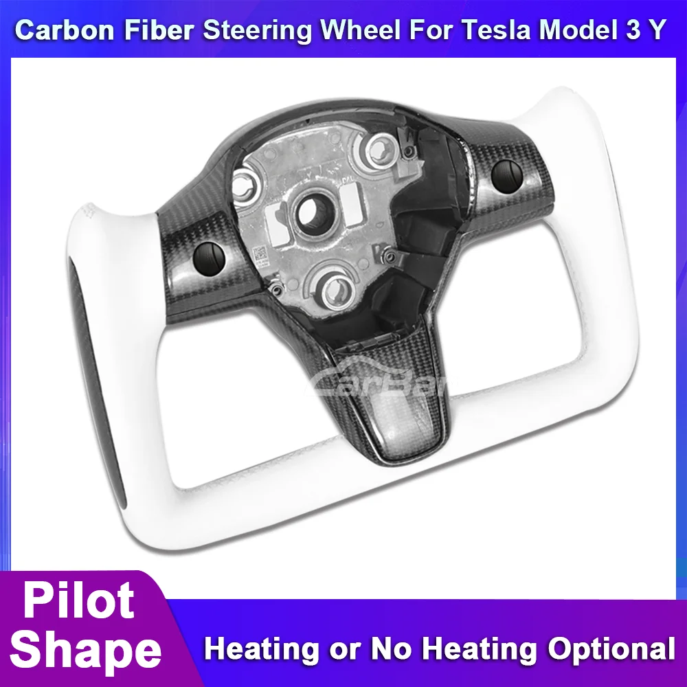 

Pilot Shape Steering Wheel For Tesla Model 3 Y 2017-2022 White Carbon Fiber Matte Glossy Middle and Sides Heating Optional