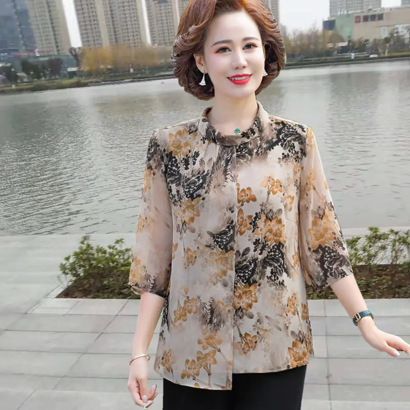 

2022 Summer Women Fashion Middle-aged and Elderly Shirts Female O-neck Chiffon Shirt Tops Ladies Printed Casual Blouses Q244