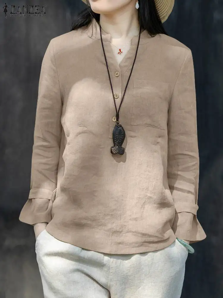 

Весна Элегантная Повседневная Блузка ZANZEA Новая женская модная Однотонная рубашка с V-образным вырезом топы с длинным рукавом женские хлопковые Блузы большого размера 2023